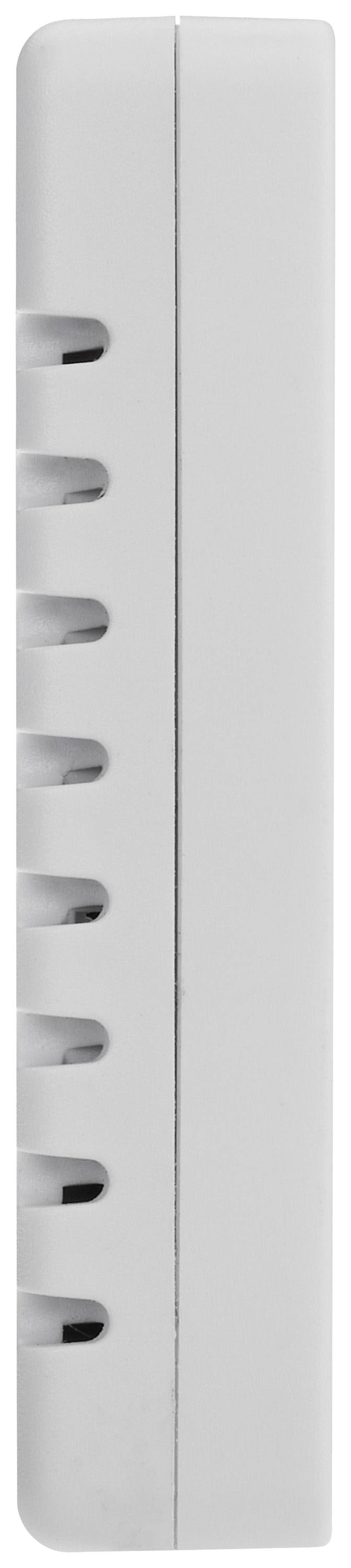 Seitenansicht eines grauen elektronischen Geräts mit Lüftungsschlitzen.