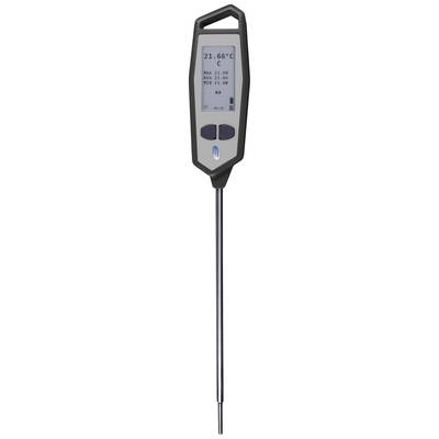 Ein digitales Thermometer zeigt '21,6 °C' auf einem grauen Bildschirm an, montiert auf einem metallischen Stab.