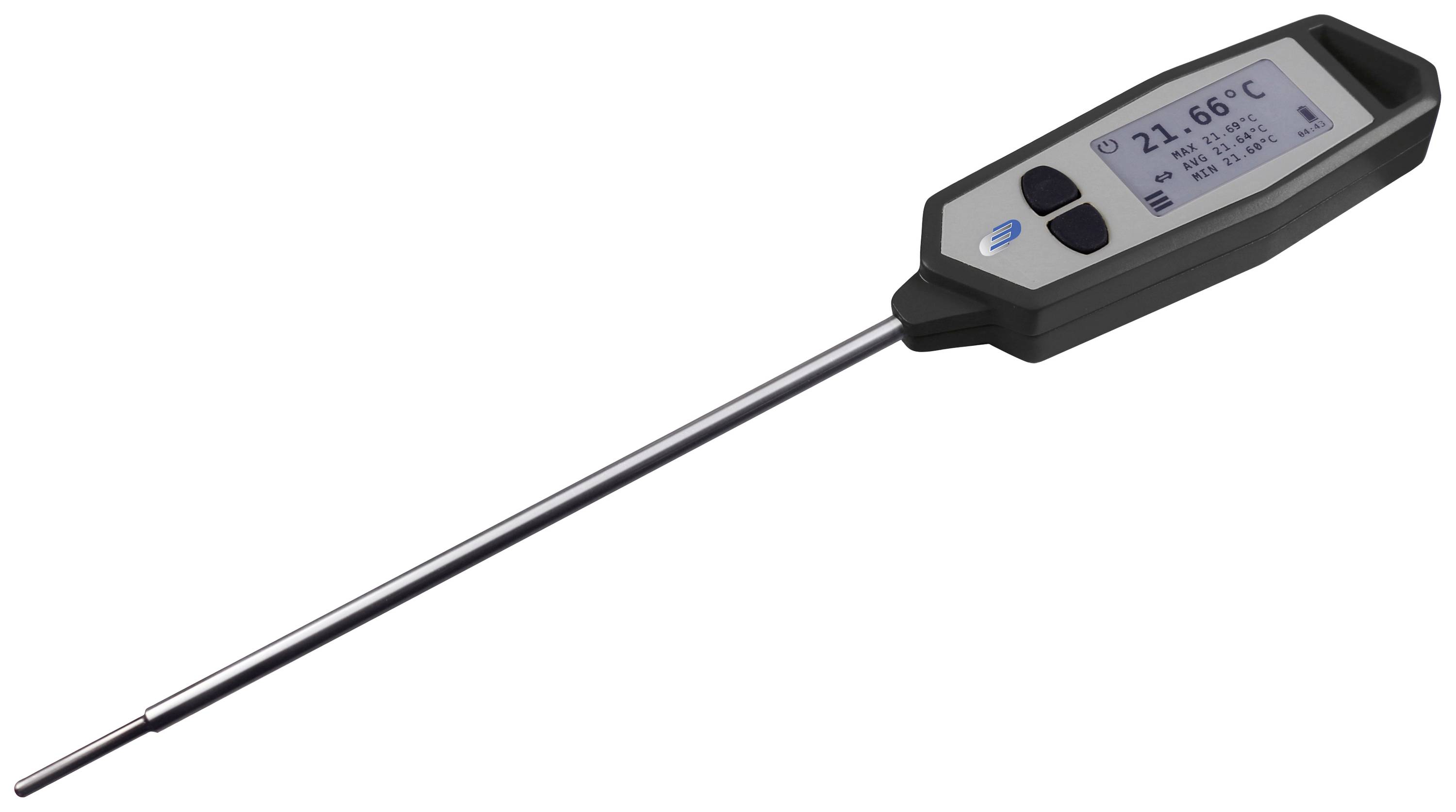 Digitales Thermometer mit langem Metallfühler zeigt eine Temperatur von 21,66 °C auf dem Display an. Geeignet für präzise Messungen.