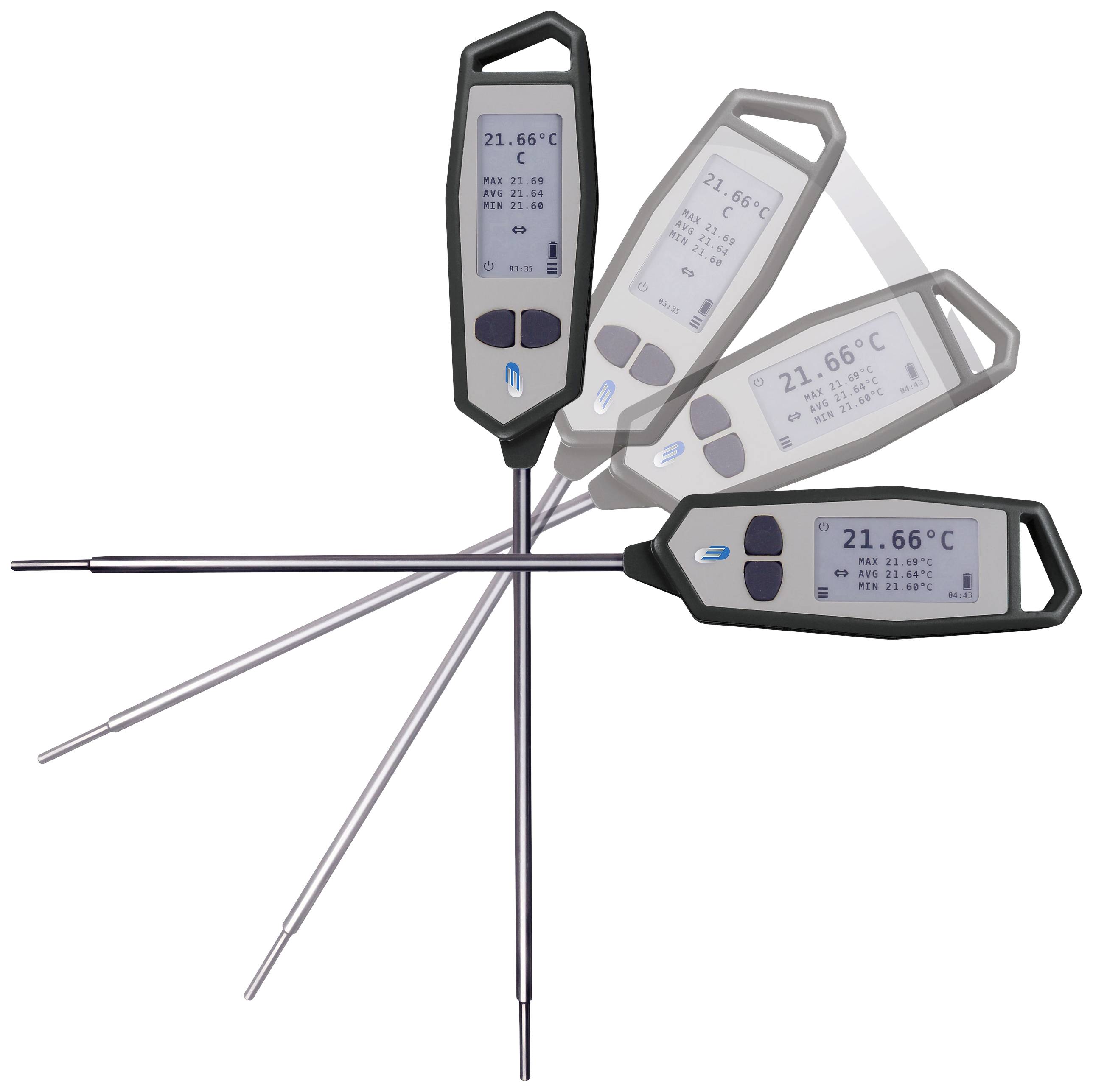 'Drei digitale Thermometer mit langer Sonde, zeigen Temperaturanzeige in Grad Celsius auf digitalem Display, rotierendes Design.'