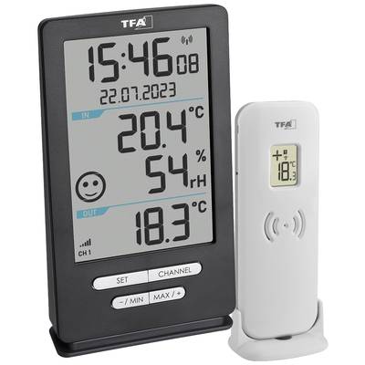 Digitales Thermometer mit Uhrzeit '15:46', Datum '22.07.2023', Innentemperatur '20,4°C', Luftfeuchtigkeit '54%', Außentemperatur '18,3°C'.