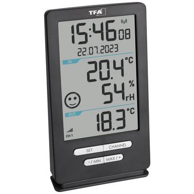Digitiales Thermo-Hygrometer mit Innen-/Außentemperaturanzeige. Innentemperatur 20,4°C, Luftfeuchtigkeit 54% rF, Außentemperatur 18,3°C. Zeit 15:46, Datum 22.07.2023.
