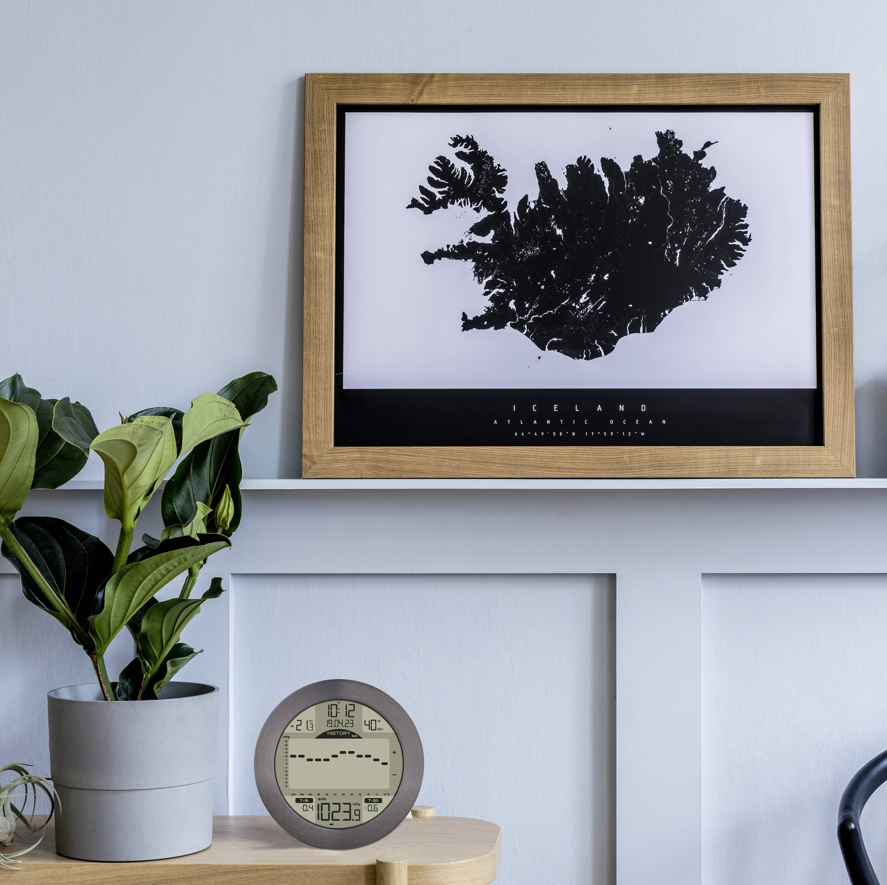 Ein Bilderrahmen mit einem stilisierten schwarzen Umriss einer Insel hängt an einer grauen Wand. Daneben steht eine Pflanze auf einem Regal.