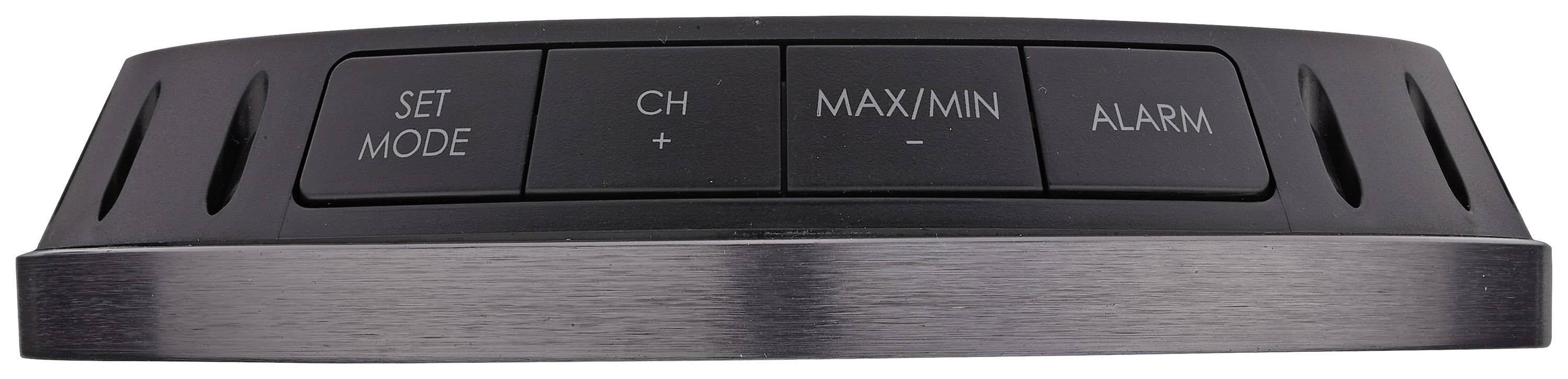 Flaches, schwarzes Gerät mit vier Knöpfen: 'SET MODE', 'CH +', 'MAX/MIN -', 'ALARM'. Dient zur Steuerung von Funktionen.