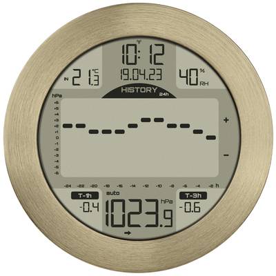 Digitales Barometer mit historischem Luftdruckdiagramm, zeigt aktuellen Druck von 1023,9 hPa, Temperatur 21,3°C, Luftfeuchtigkeit 40%.