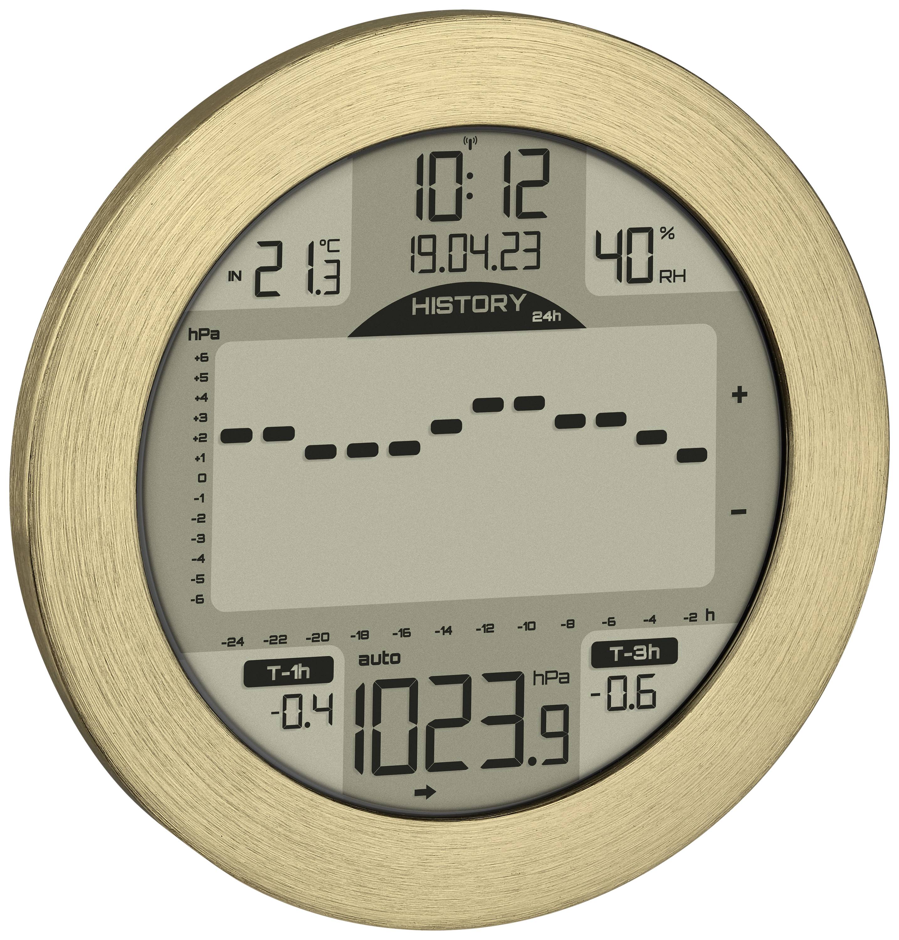 Digitales Barometer mit rundem Display zeigt Zeit, Datum, Innen- und Außentemperatur, Luftfeuchtigkeit, Luftdruckverlauf und Trend.