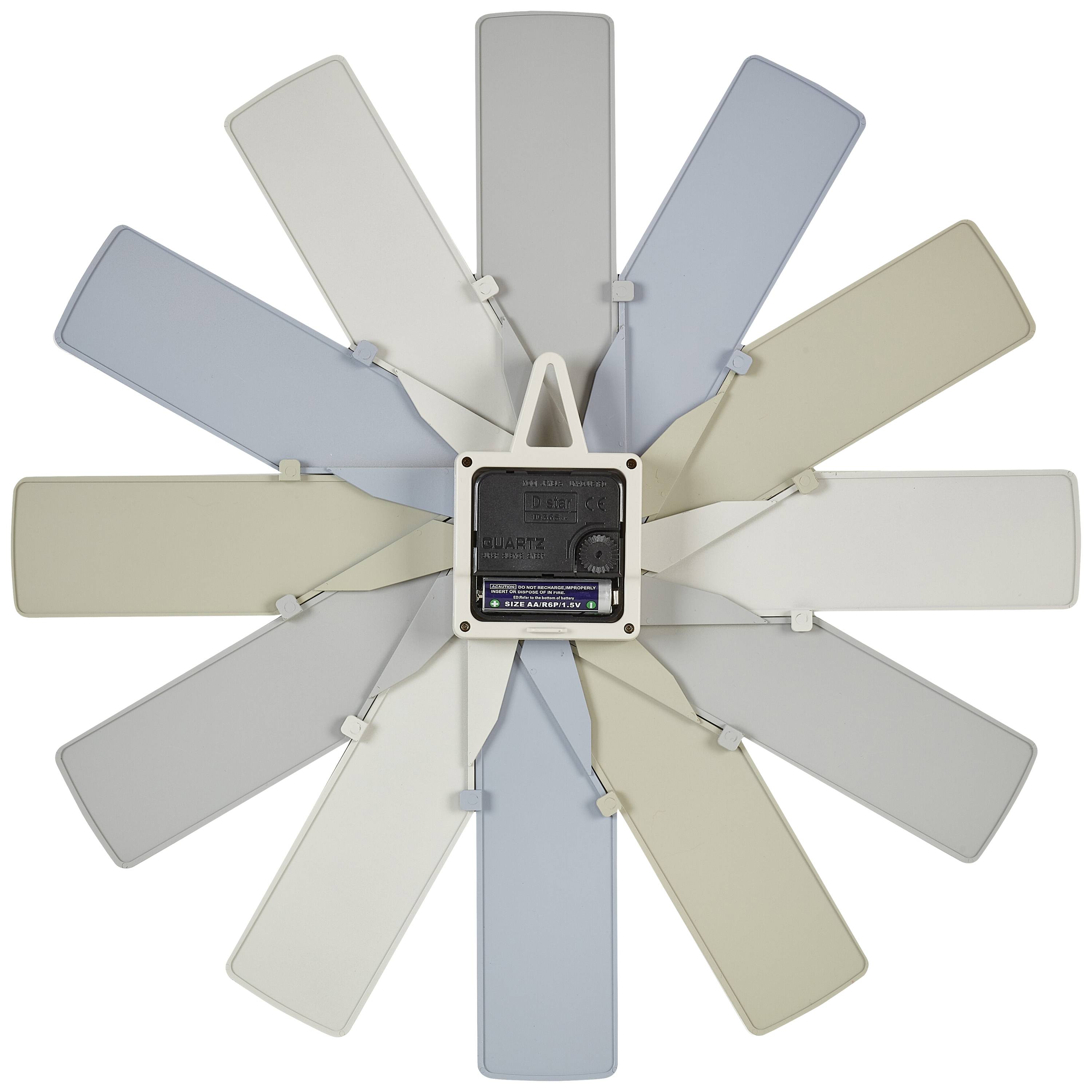 Ein Rad aus acht farbigen Pulverlackproben in verschiedenen Grau- und Beigetönen, angeordnet um eine zentrale Farbdose.