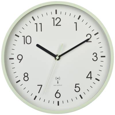 Eine runde analoge Wanduhr zeigt 2:10 Uhr. Sie hat schwarze Stunden- und Minutenzeiger und ein mintgrünes Gehäuse.