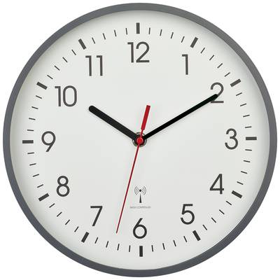Eine analoge Wanduhr zeigt 10:09 Uhr an; schwarzes Zifferblatt, roter Sekundenzeiger; schlichtes Design.