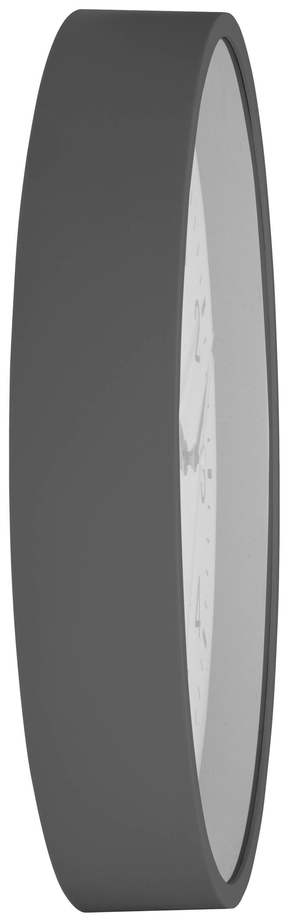 Seitenansicht einer runden, schwarzen Wanduhr. Ziffern und Zeiger sind leicht erkennbar. Uhrendesign ist schlicht und modern.
