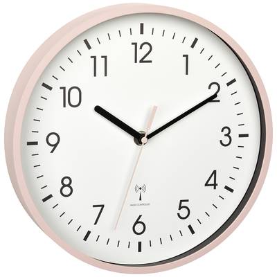 Analoge Wanduhr mit rosa Rahmen zeigt 2:10 Uhr. Großer schwarzer Stunden- und Minutenzeiger, kleiner roter Sekundenzeiger.