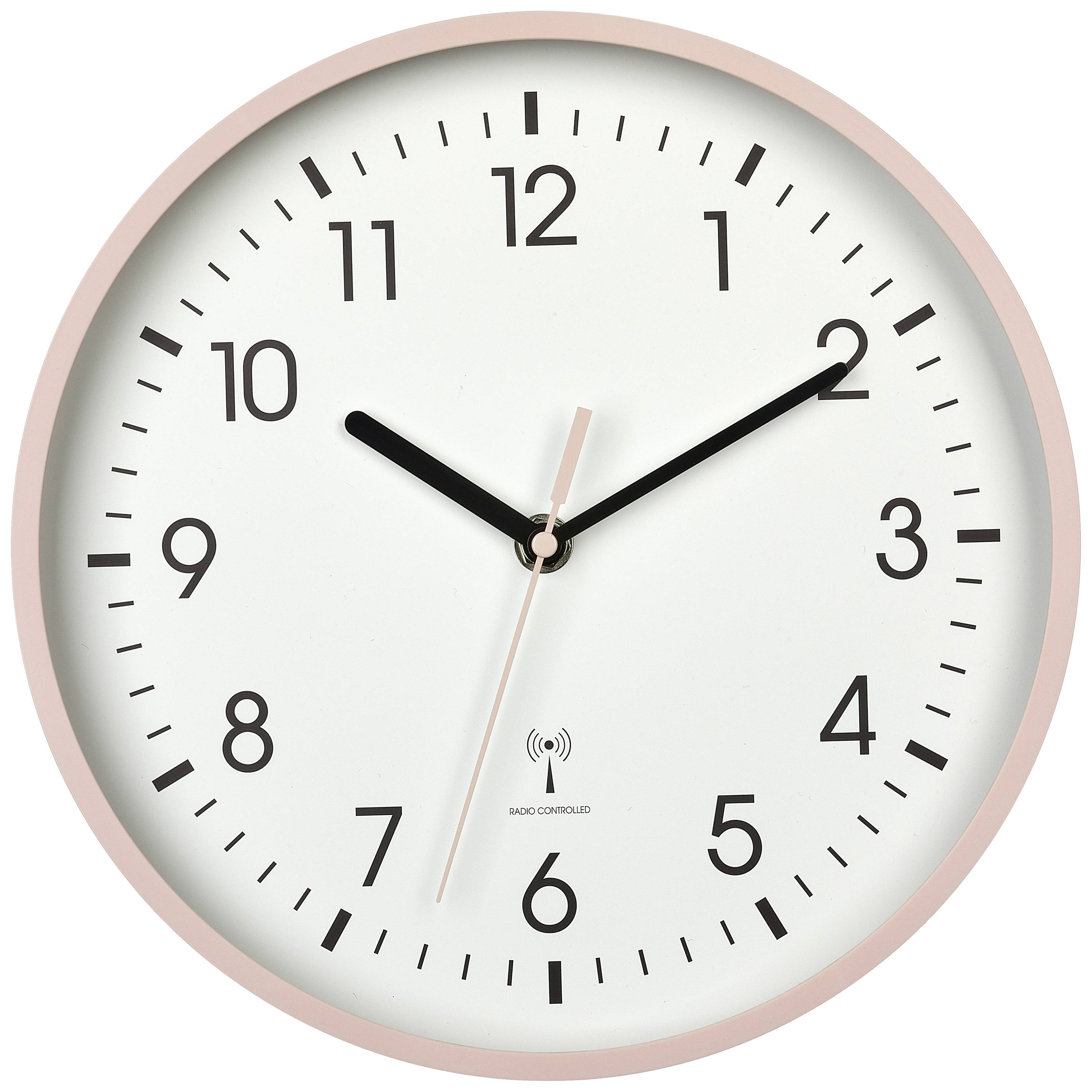 Eine runde Wanduhr mit rosa Rahmen zeigt 2:12 Uhr. Der Minutenzeiger steht auf 12, der Stundenzeiger auf 2.