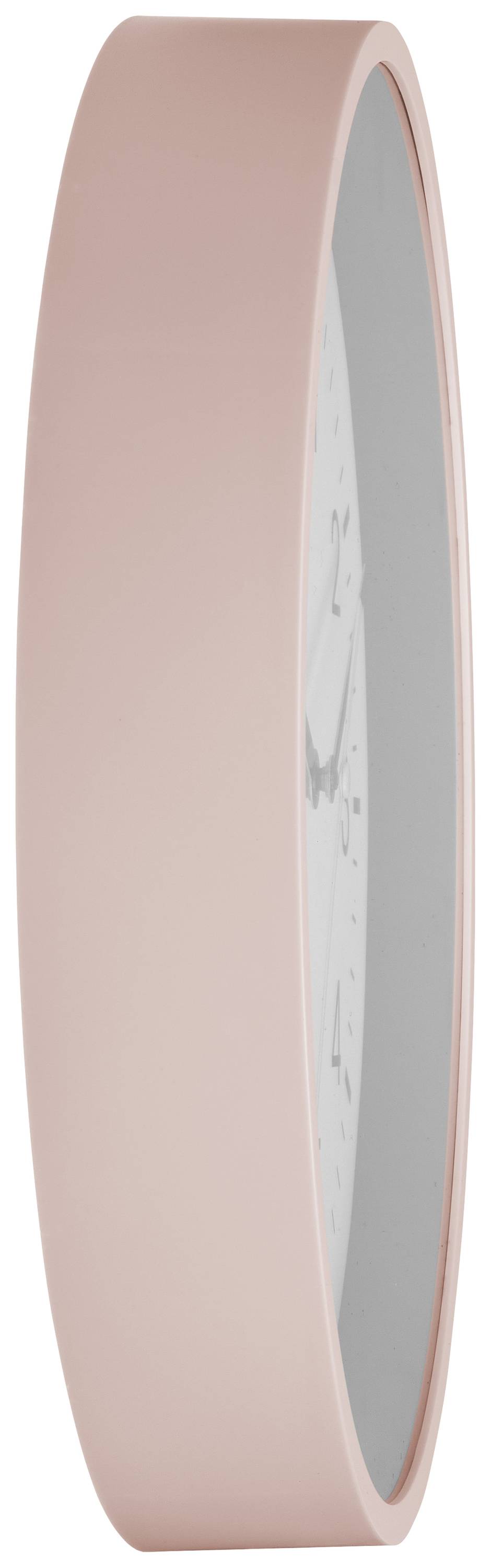 Seitenansicht einer rosa Wanduhr mit glattem Rahmen. Die Uhr selbst ist nicht sichtbar.