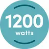 Runder, türkisfarbener Kreis mit der weißen Aufschrift '1200 watts' in der Mitte.