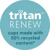 Blauer Kreis mit Text: 'tritan RENEW cups made with 50% recycled content*'. Text im Kreis beschreibt umweltfreundliche Becher.