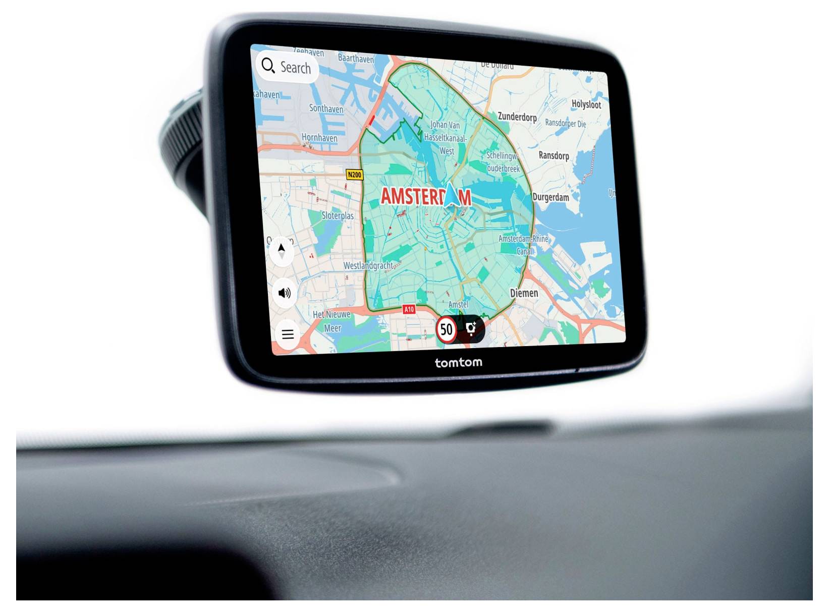 TomTom GPS-Navigationsbildschirm mit einer Karte von Amsterdam, einer hervorgehobenen Route und einem Geschwindigkeitsbegrenzungssymbol.