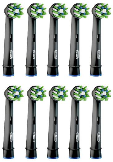 Zehn schwarze Oral-B-Elektrozahnbürstengriffe mit grün-weißen Bürstenköpfen, die in zwei Reihen auf weißem Hintergrund angeordnet sind.