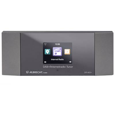 Ein Albrecht DAB+/Internetradio Tuner mit digitalem Display, zeigt Symbole für Navigation und Musik-App. Zeit: 12:06.