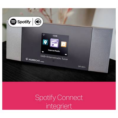 Ein DAB+ Internetradio Tuner mit einem Bildschirm, der eine Spotify-App zeigt, darunter der Text 'Spotify Connect integriert'.