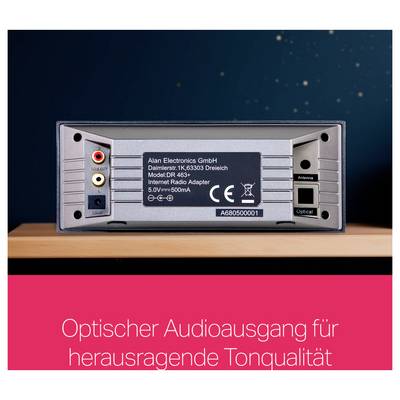 Rückansicht eines Internet-Radioadapters mit optischem Audioausgang und USB, um herausragende Tonqualität zu bieten.