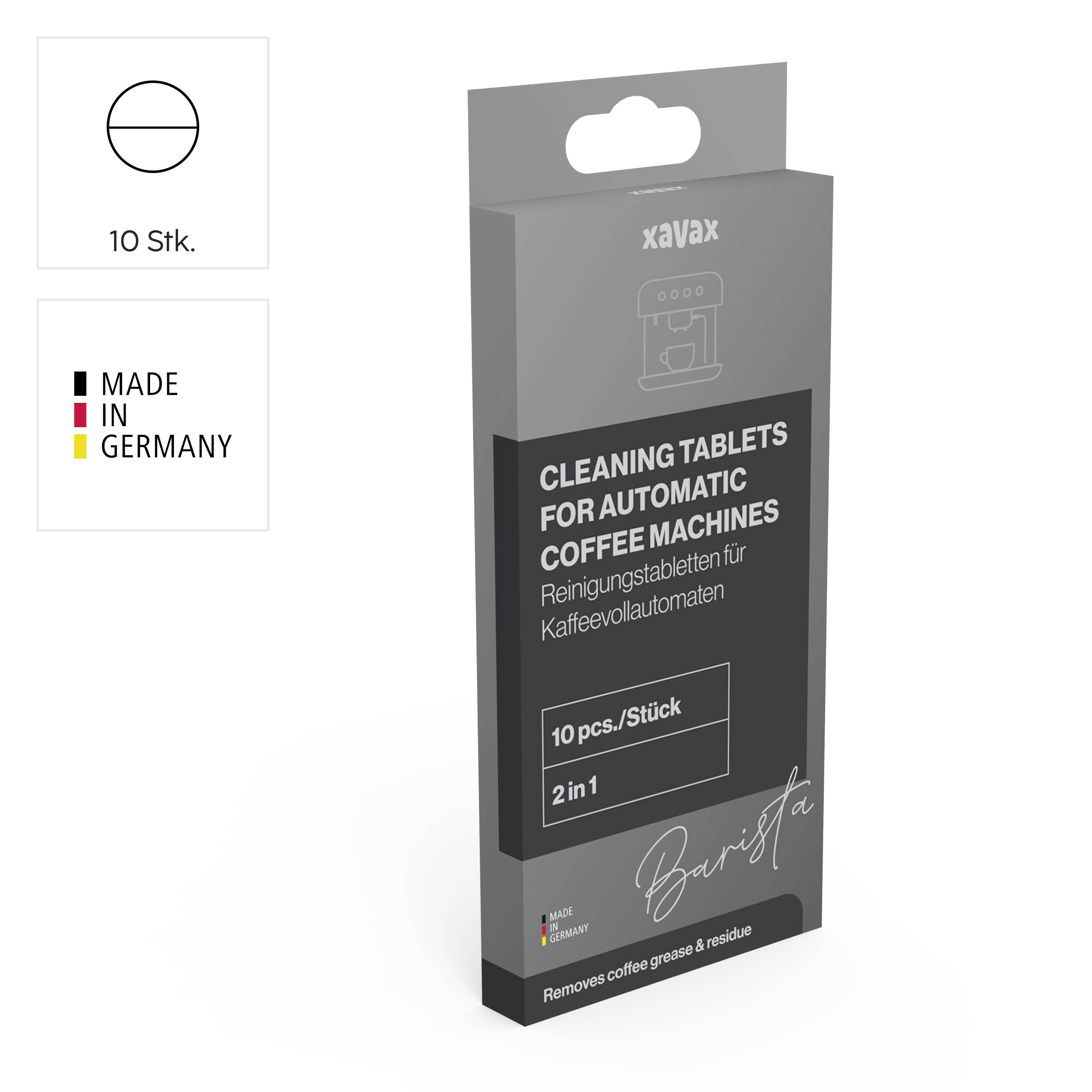 Eine graue Verpackung für Reinigungstabletten von Kaffeevollautomaten, mit Aufschrift '10 pcs./Stück, Made in Germany'.