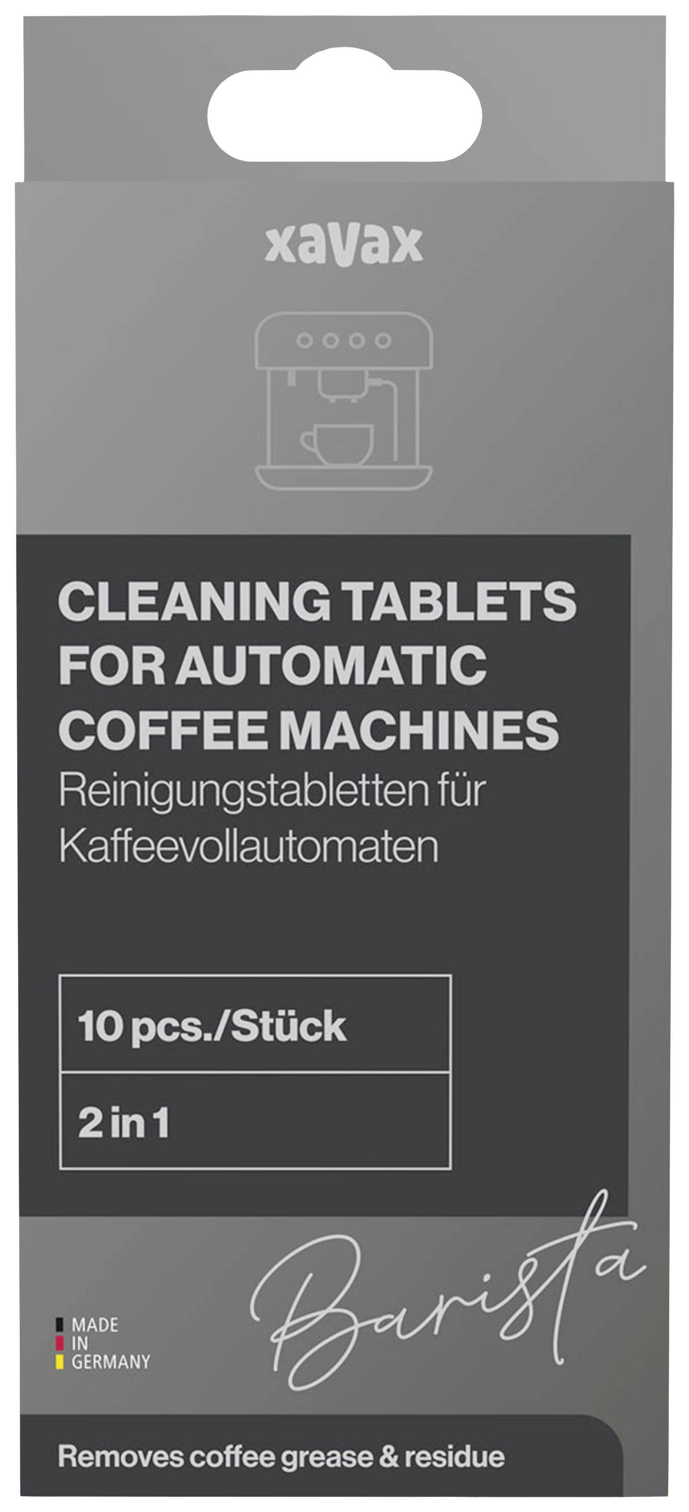 'Titel: CLEANING TABLETS FOR AUTOMATIC COFFEE MACHINES'. Verpackung für Reinigungstabletten, 10 Stück, 2 in 1, Made in Germany.