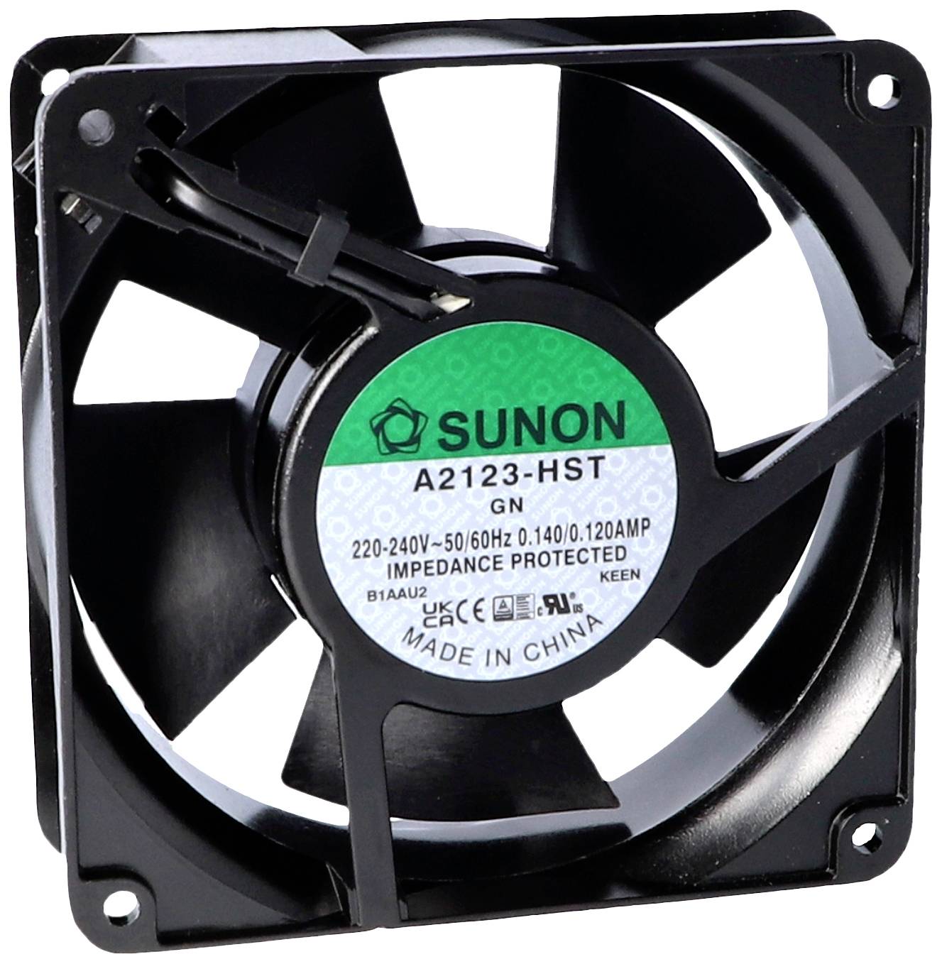 Ein quadratischer PC-Lüfter von Sunon, Modell A2123-HST, mit Spezifikationen: 220-240V, 50/60Hz, 0,14A. 'Made in China'.