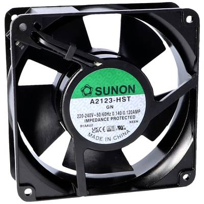 Ein quadratischer PC-Lüfter von Sunon, Modell A2123-HST, mit Spezifikationen: 220-240V, 50/60Hz, 0,14A. 'Made in China'.