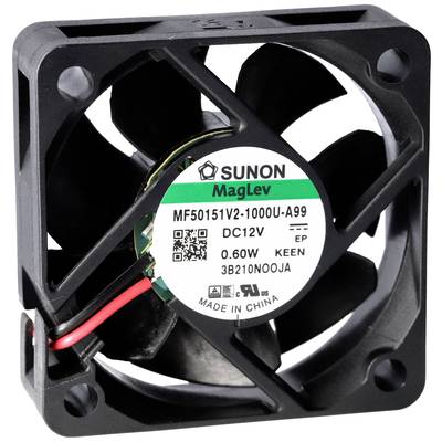 Ein schwarzer Ventilator von Sunon mit MagLev-Technologie, Modellnummer MF50151V2-1000U-A99, für 12V DC, 0,60W Leistung.