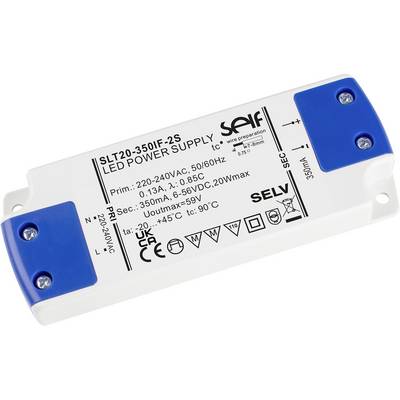 LED-Stromversorgungseinheit mit technischen Spezifikationen: Eingang 220-240V AC, Ausgang 350mA, Maximale Ausgangsleistung 20W.