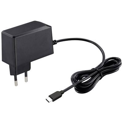 Ein schwarzes USB-C-Ladegerät mit zwei runden Steckstiften für europäische Steckdosen, verbunden mit einem Kabel.