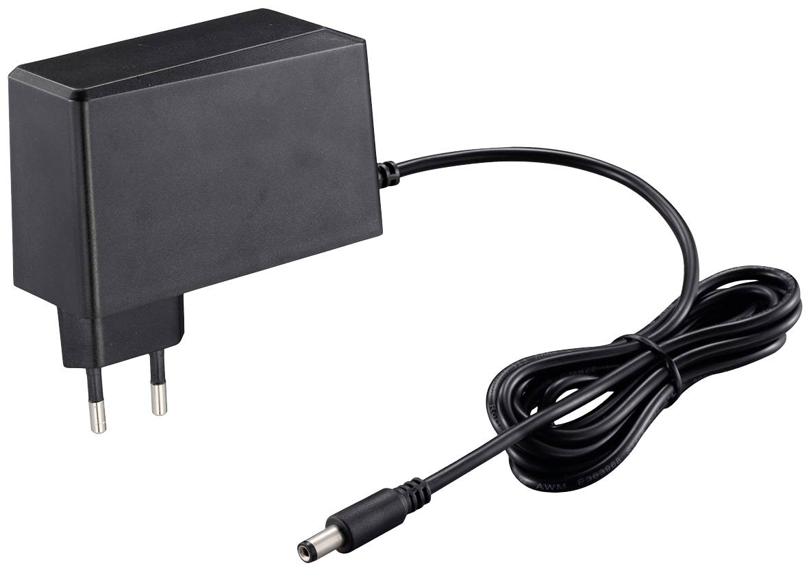 Ein schwarzes Netzteil mit Eurostecker und langem Kabel, geeignet für elektronische Geräte.