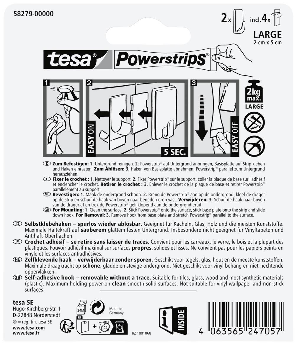 'Anleitung zur Verwendung von tesa Powerstrips: 1. Untergrund reinigen, 2. Klebestreifen anbringen, 3. Objekt aufhängen, 4. Abziehen.'