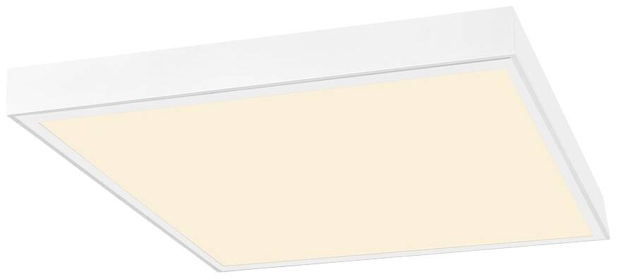 LED-Panelleuchte mit quadratischem, weißem Rahmen. Eignet sich für moderne Beleuchtungslösungen in Innenräumen.