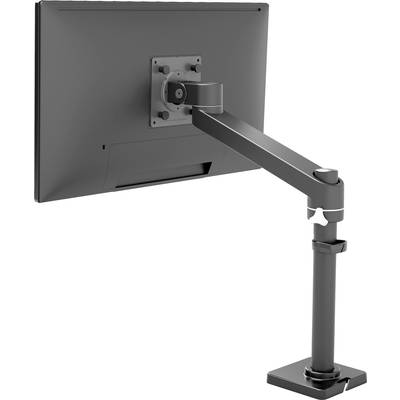 Ein Monitor, der an einem verstellbaren Arm befestigt ist, zeigt seine Rückseite. Der Arm ist an einem Schreibtisch montiert.