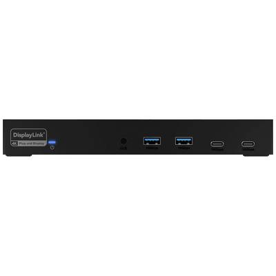 Eine schwarze Dockingstation mit 'DisplayLink' Logo und mehreren Anschlüssen: zwei USB-A, zwei USB-C und ein Ein/Aus-Schalter.