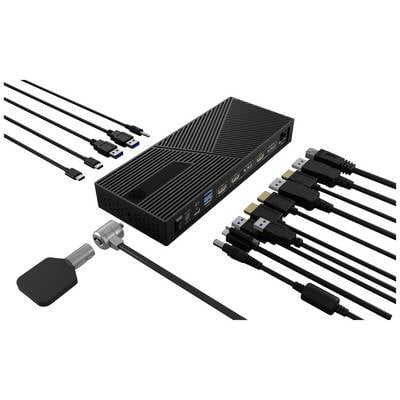 Eine schwarze Dockingstation mit mehreren Anschlüssen einschließlich USB, HDMI und Ethernet, umgeben von verschiedenen Verbindungskabeln.