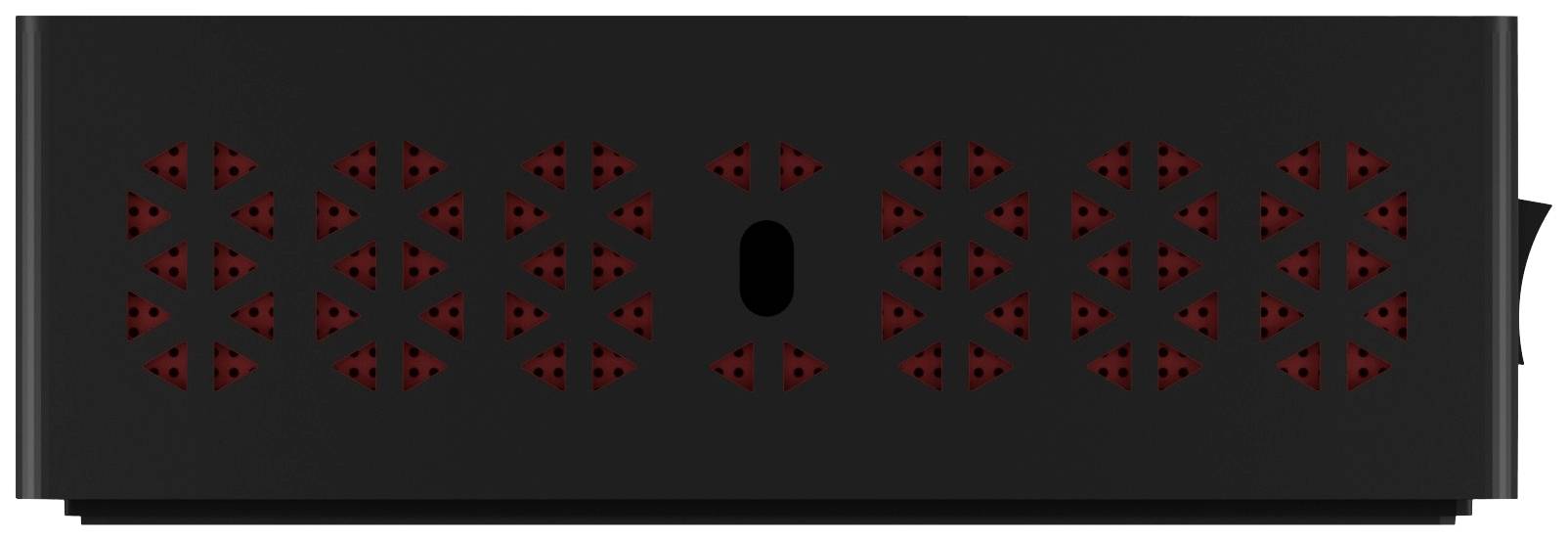Schwarzes Rechteck mit roten, dreieckigen Mustern und einem schwarzen ovalen Element in der Mitte.