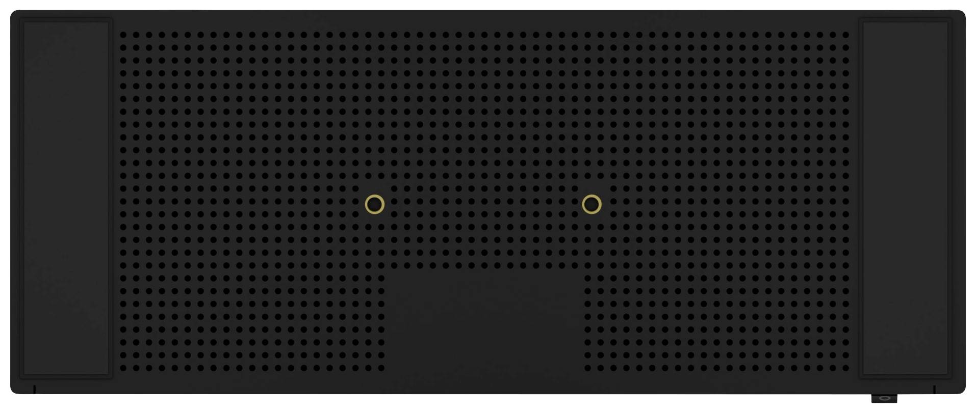 'Rückseite eines schwarzen Computergehäuses mit Lüftungslöchern und zwei gelben Punkten.'