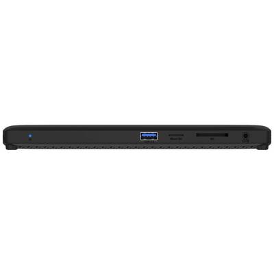 Die Abbildung zeigt die Rückseite eines schwarzen Laptops mit Anschlüssen: USB, Mikrofon, SD-Kartenleser und Audiobuchse.