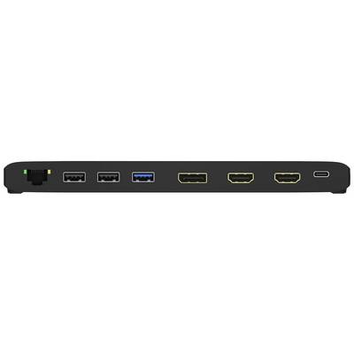 Rückseite einer Dockingstation mit Anschlüssen: Ethernet, zwei USB 2.0, ein USB 3.0, zwei HDMI und ein USB-C.