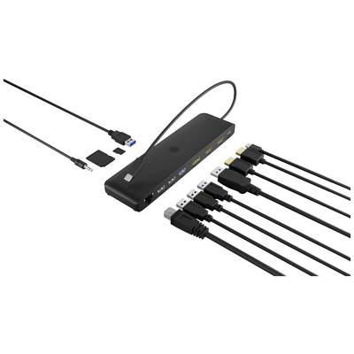 Eine Vielzahl von Kabeln sind an einen schwarzen USB-Hub angeschlossen, der verschiedene Kabelanschlüsse und Speicherkarten unterstützt.