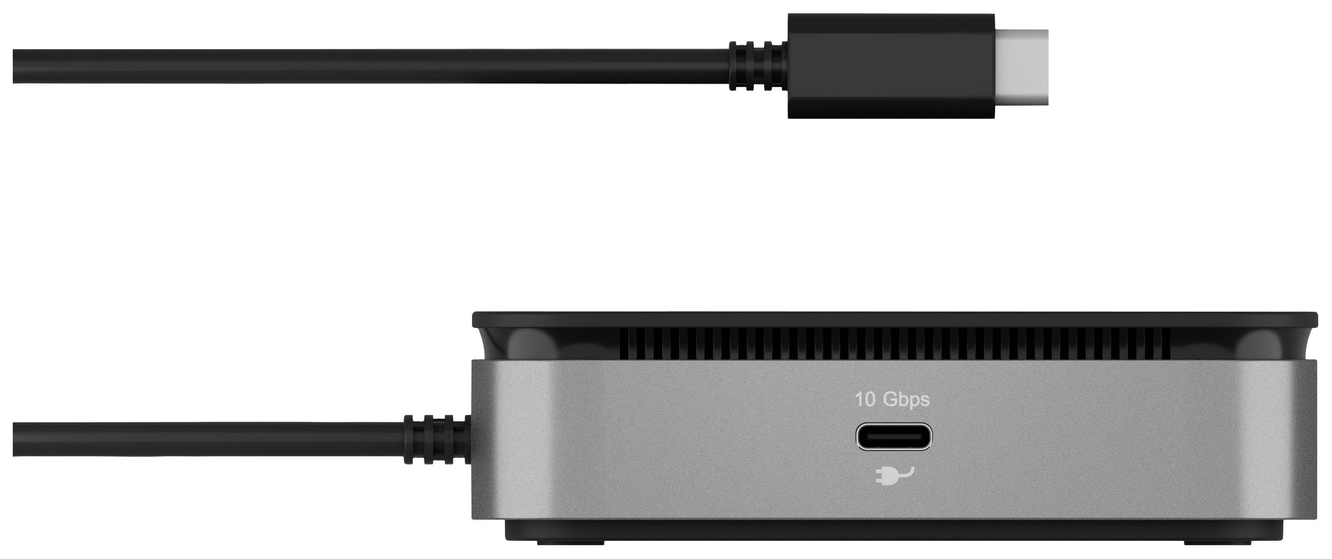 Ein USB-C-Hub mit mehreren Anschlüssen, darunter ein USB-C-Anschluss mit 10 Gb/s, gezeigt mit einem USB-C-Kabel.