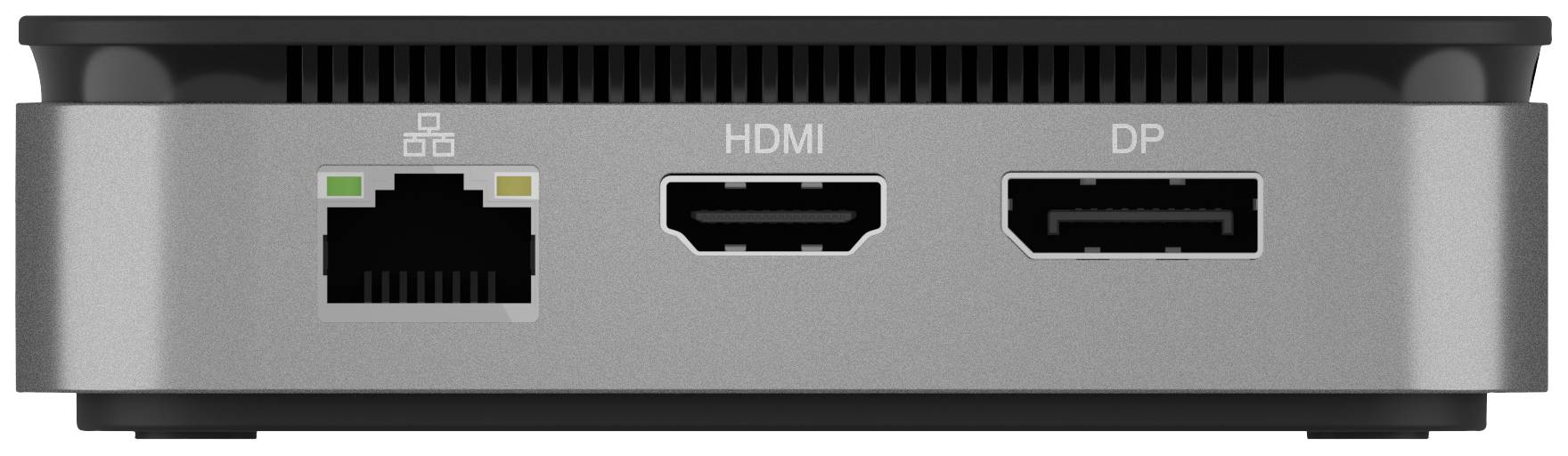 Kompakter Computer mit Ethernet-Anschluss, HDMI- und DisplayPort-Schnittstellen auf der Rückseite. Perfekt für flexible Bildschirmverbindungen.