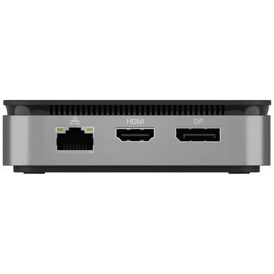 Kompakter Computer mit Ethernet-Anschluss, HDMI- und DisplayPort-Schnittstellen auf der Rückseite. Perfekt für flexible Bildschirmverbindungen.