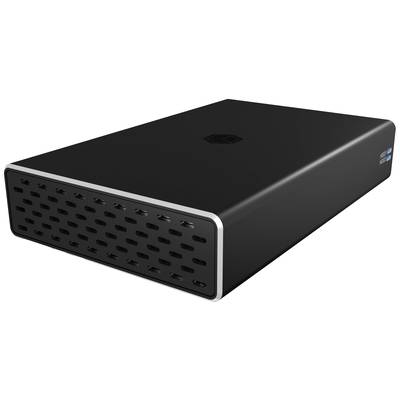 Schwarze externe Festplatte mit Lüftungsschlitzen auf der Vorderseite, silberner Rahmen und blauem USB 3.0-Anschluss an der Seite.