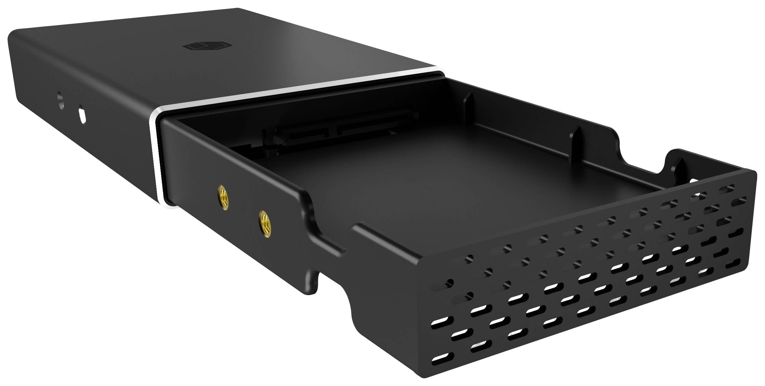 Schwarzes Festplattencaddy mit perforierter Frontblende und herausziehbarem Schlitten, geeignet für den Einsatz in Computergehäusen.
