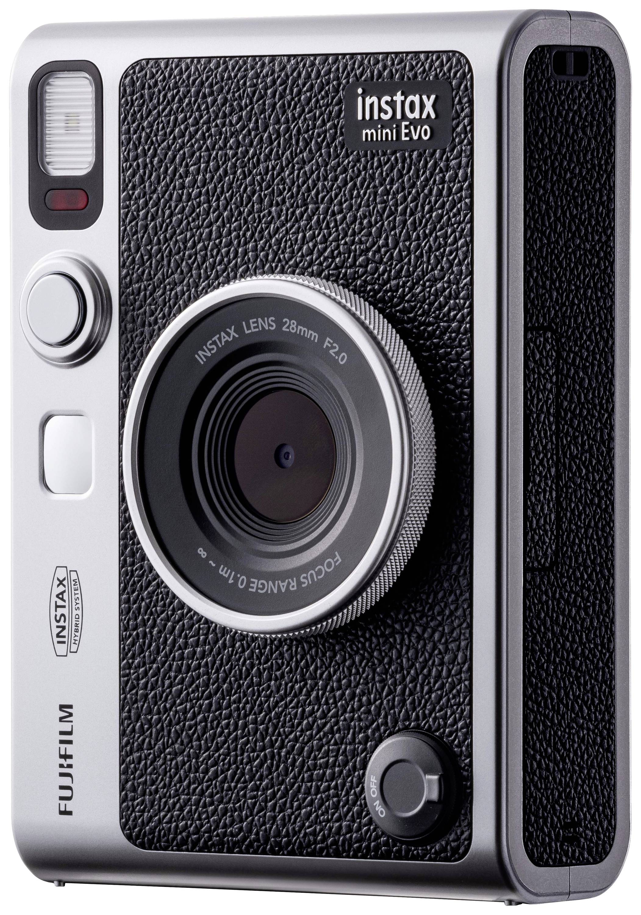 Instantkamera von Fujifilm mit retro-modernem Design, schwarzem Lederlook und silbernen Akzenten. Hauptmerkmal ist das große Objektiv.