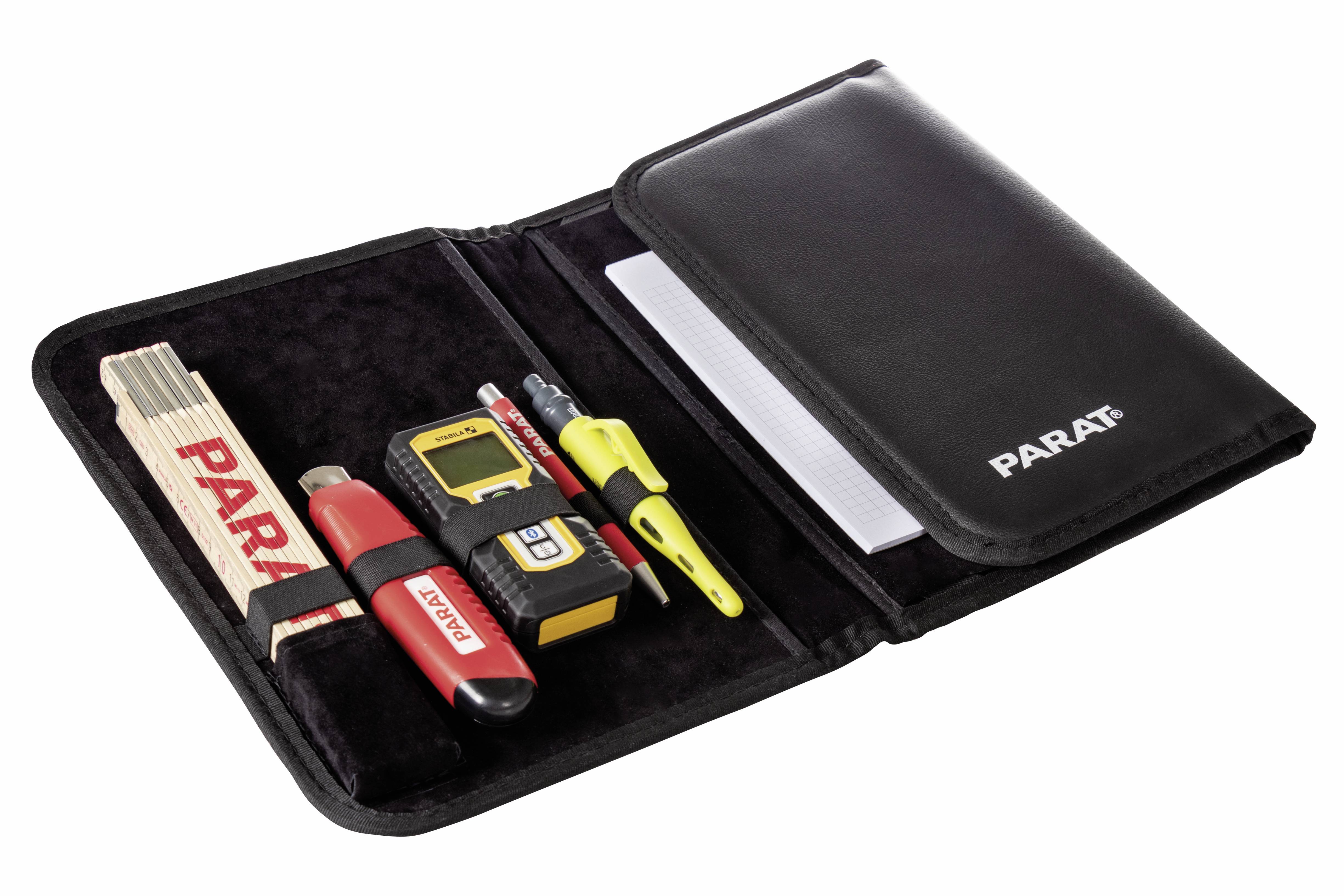Werkzeugmappe mit Maßstab, Messgerät, USB-Stick, Textmarker, Kugelschreiber und Notizblock in schwarzer Hülle von PARAT.