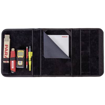 Eine geöffnete Werkzeugtasche mit Maßstab, Taschenlampe, Stift, Messer und Notizblock.